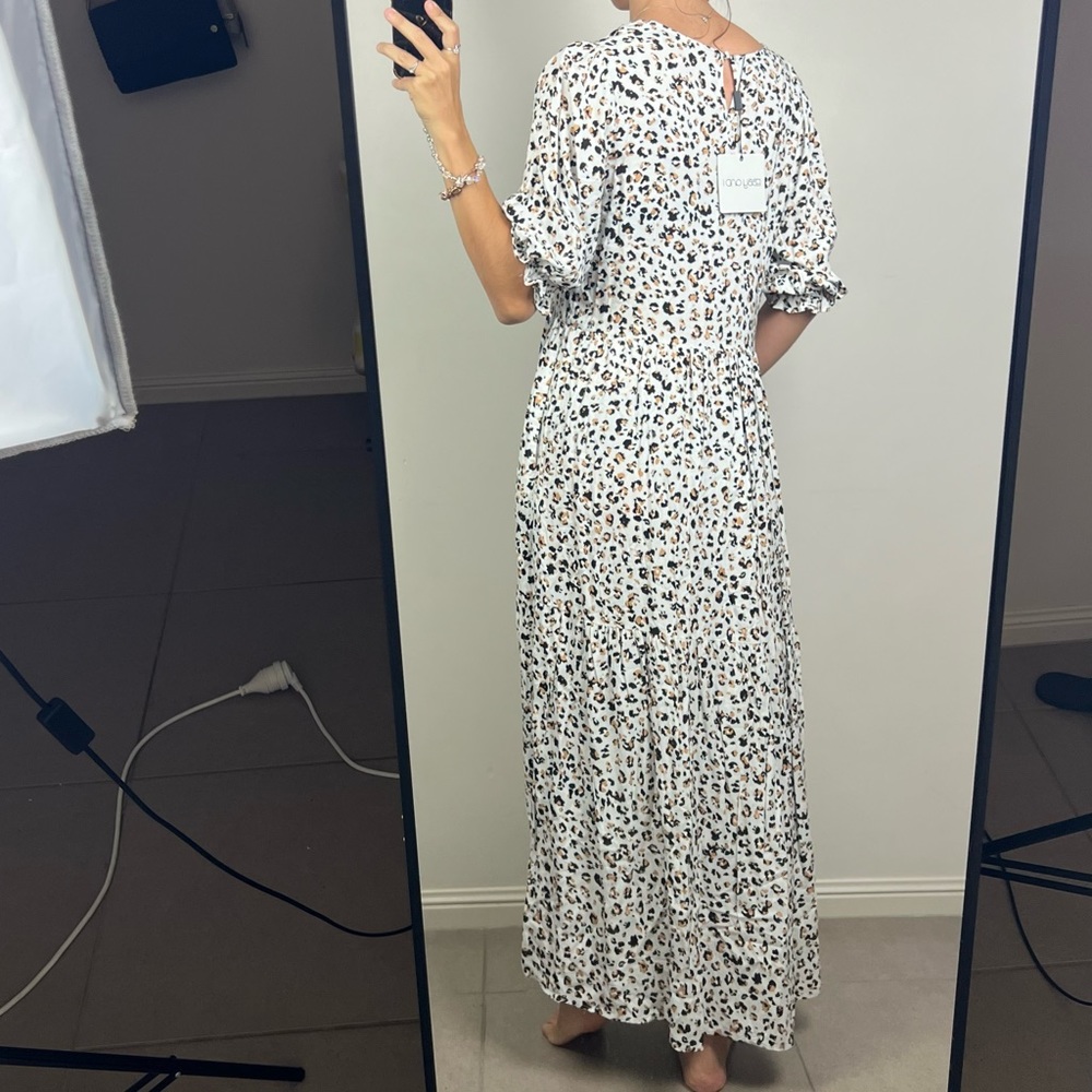 Ebby & I Maxi Dress White Leopard Animal Print Pockets Long Boho Size 10 NWT New - Picture 13 of 15
